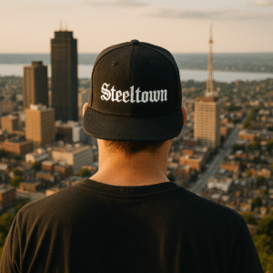 Steeltown hat by Prattdesign, overlooking Hamilton, Ontario